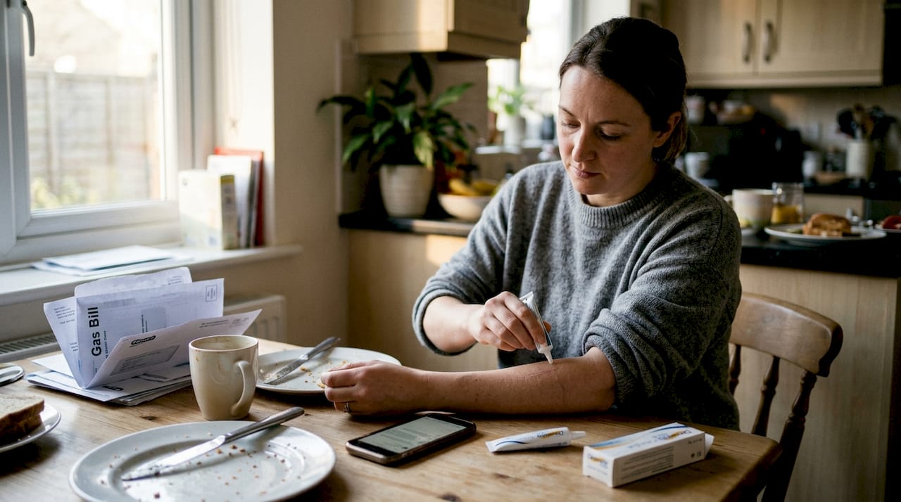 Woman applying silicone gel during morning routine