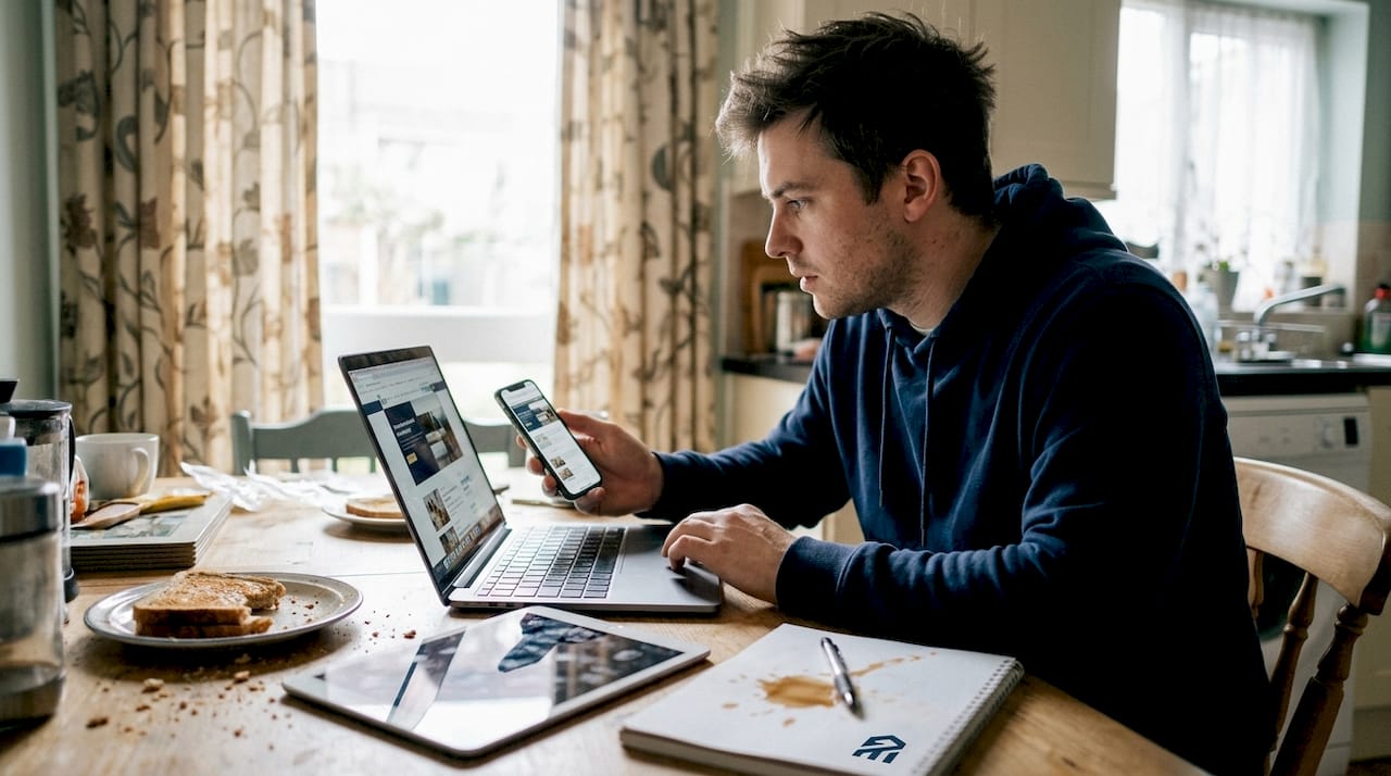 Person comparing website on mobile and laptop