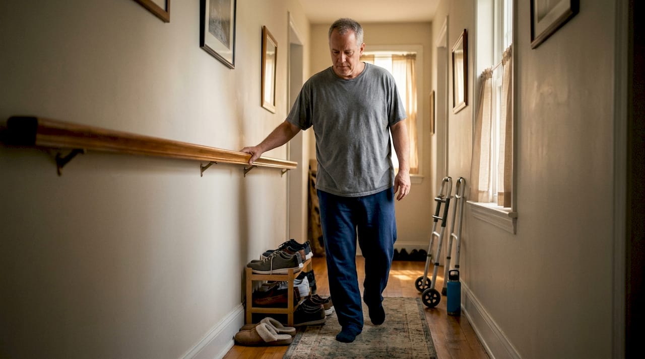Man walking gently during post-op recovery at home