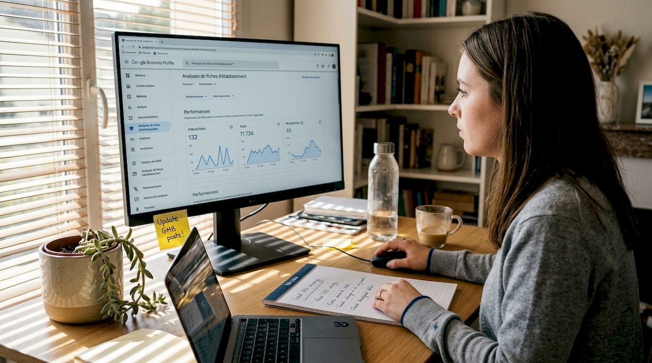 Marketing manager checks GBP performance analytics