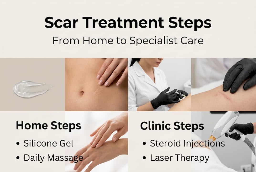 Infographic outlining stepwise scar treatment options