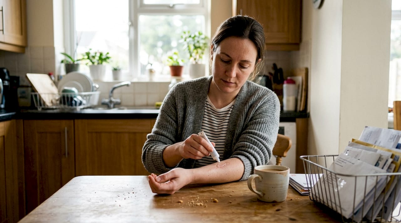 Woman applying silicone gel to arm scar at home