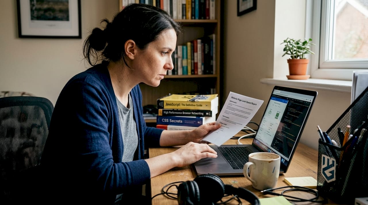 Developer checking site speed report at desk