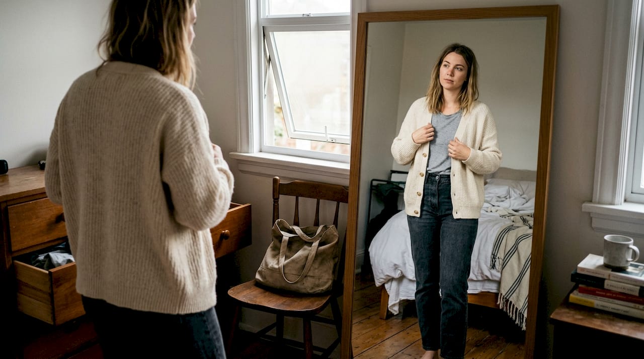 Woman reflecting on body image in bedroom mirror