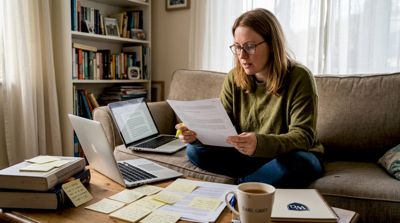 Copywriter edits web page at home