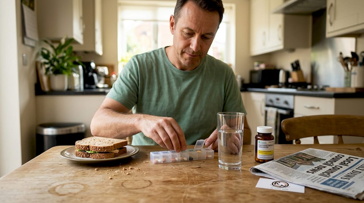 Man organizes medication for surgical wound recovery