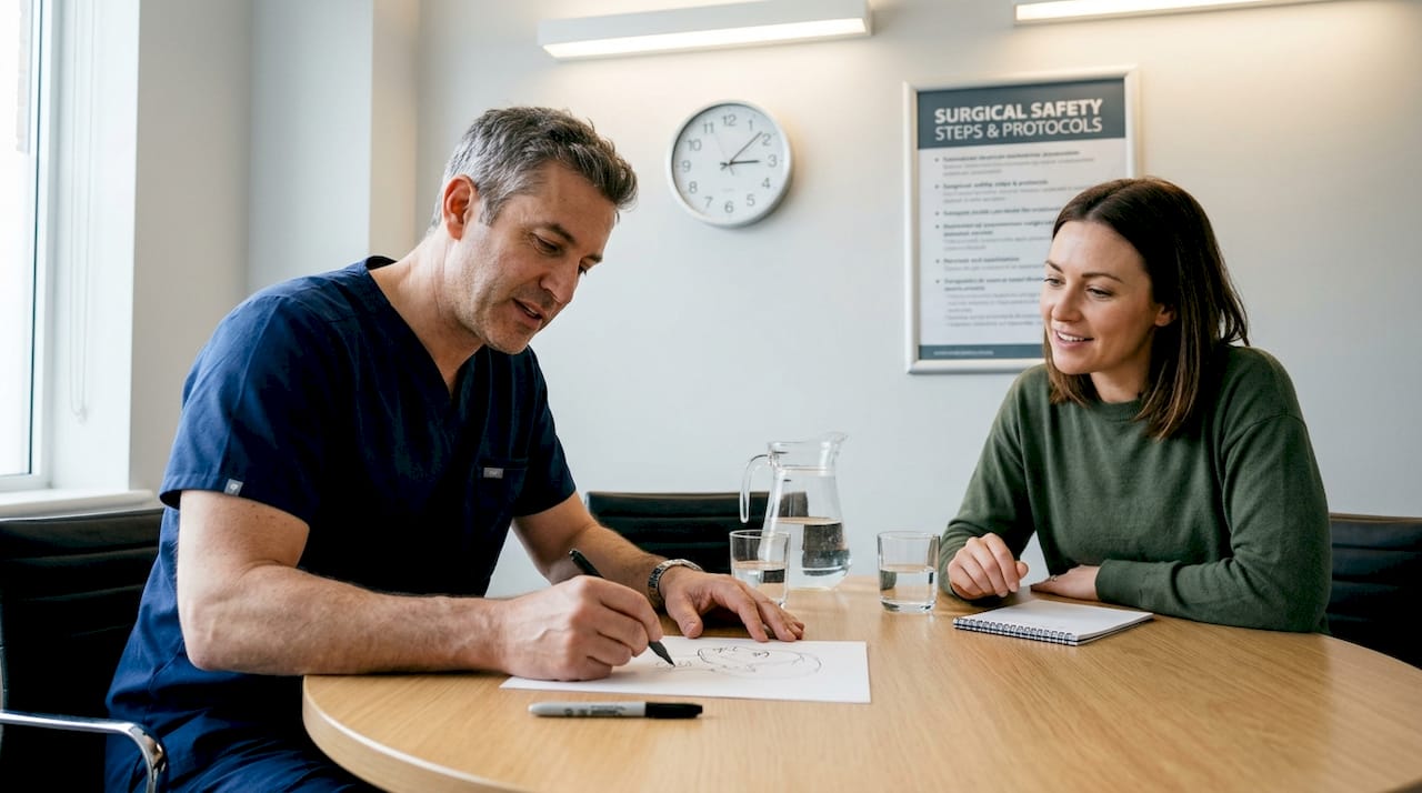 Surgeon sketching procedure plan for patient