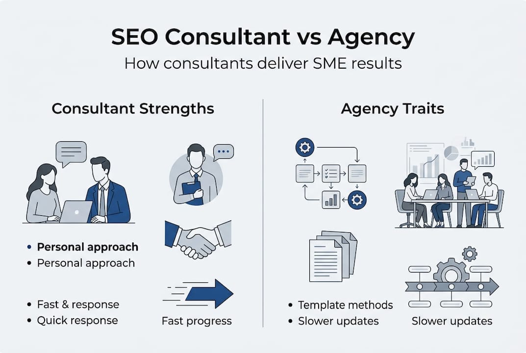 Infographic comparing SEO consultant and agency benefits