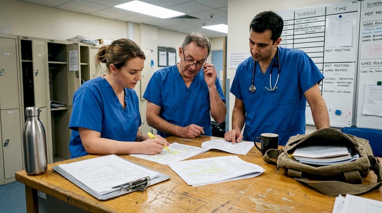 Medical team reviews patient case files