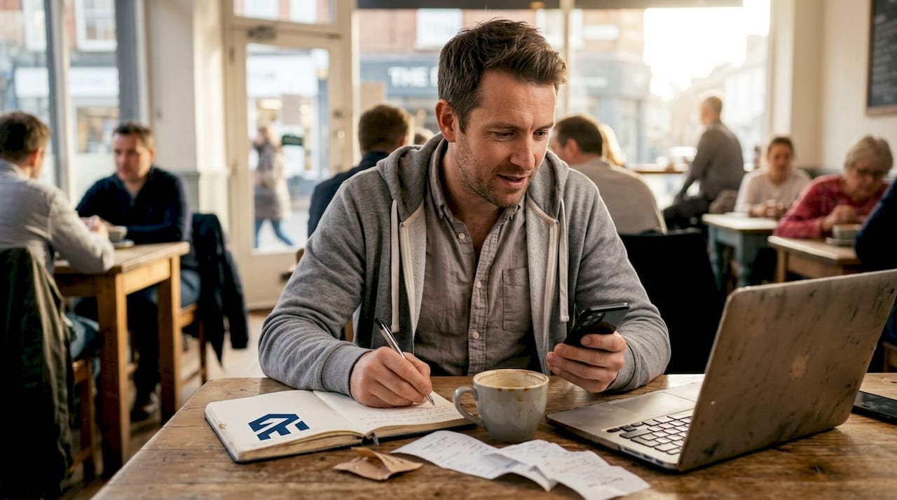 Entrepreneur brainstorming keyword ideas in café