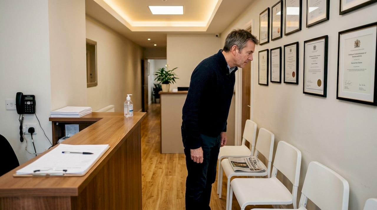 Man checking clinic credentials in reception area