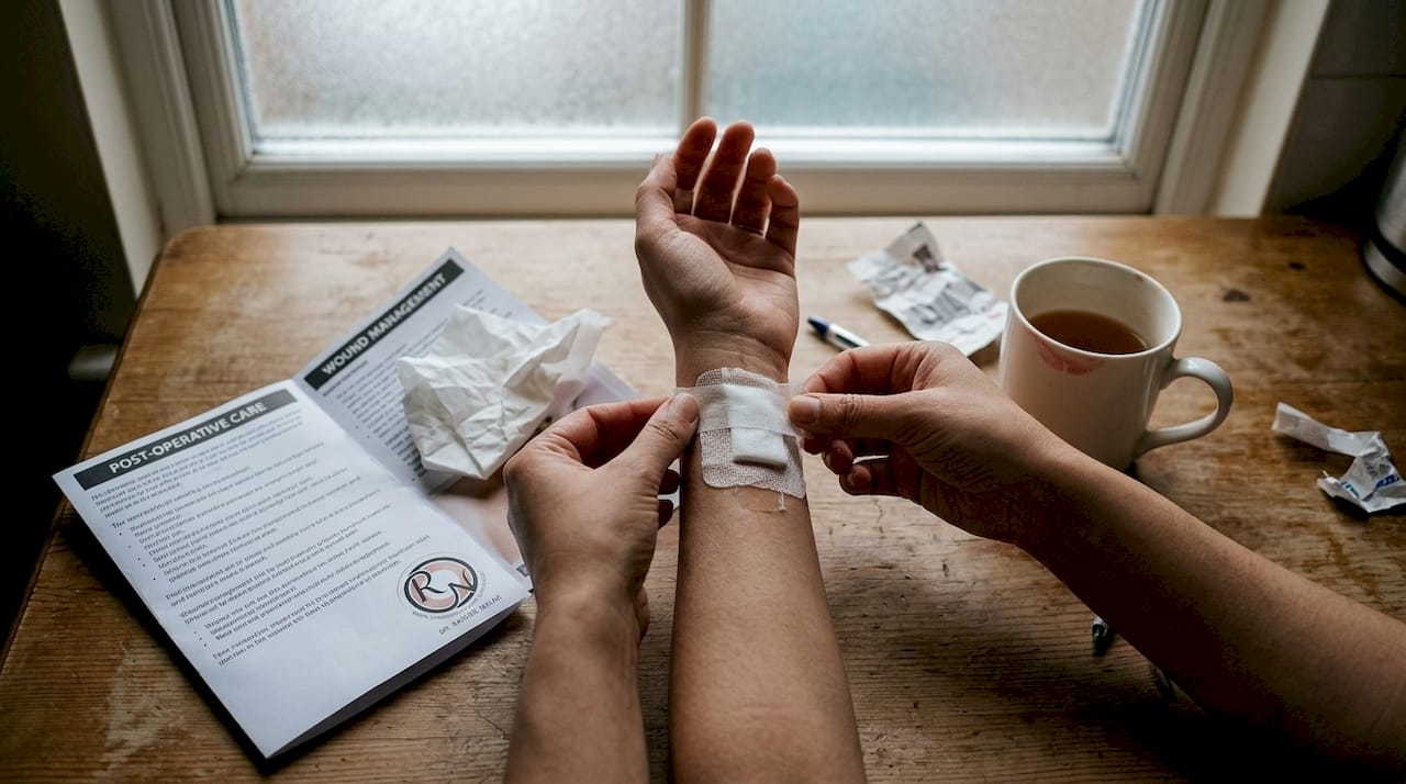 Hands preparing wound dressing after Mohs surgery