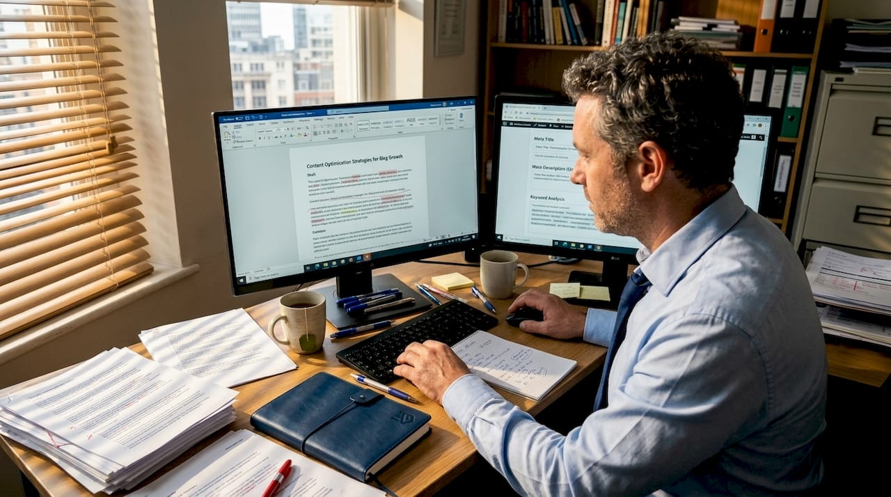 SEO specialist editing website copy in office