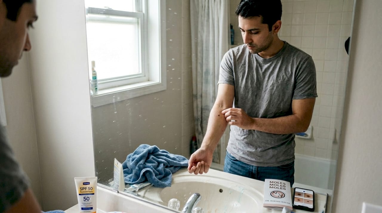 Man checking skin for changes at home