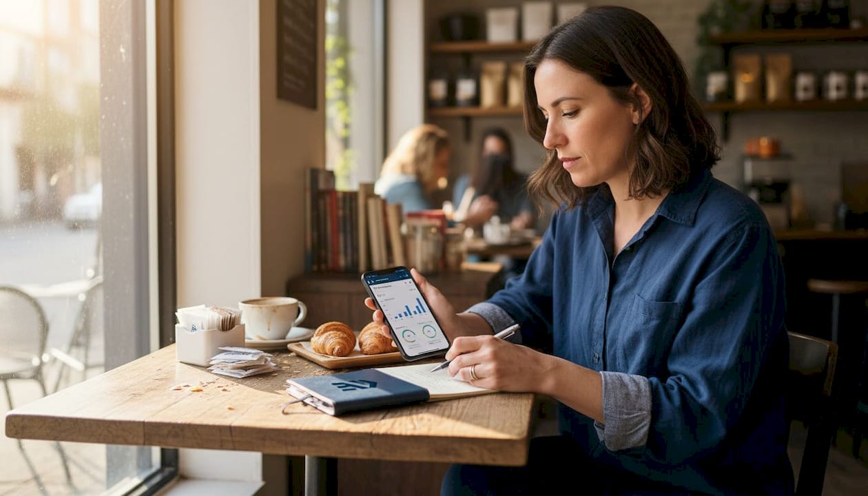 Café owner reviewing local SEO on smartphone