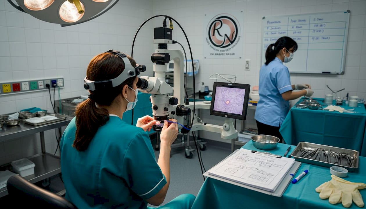 Mohs surgeon examining tissue during procedure