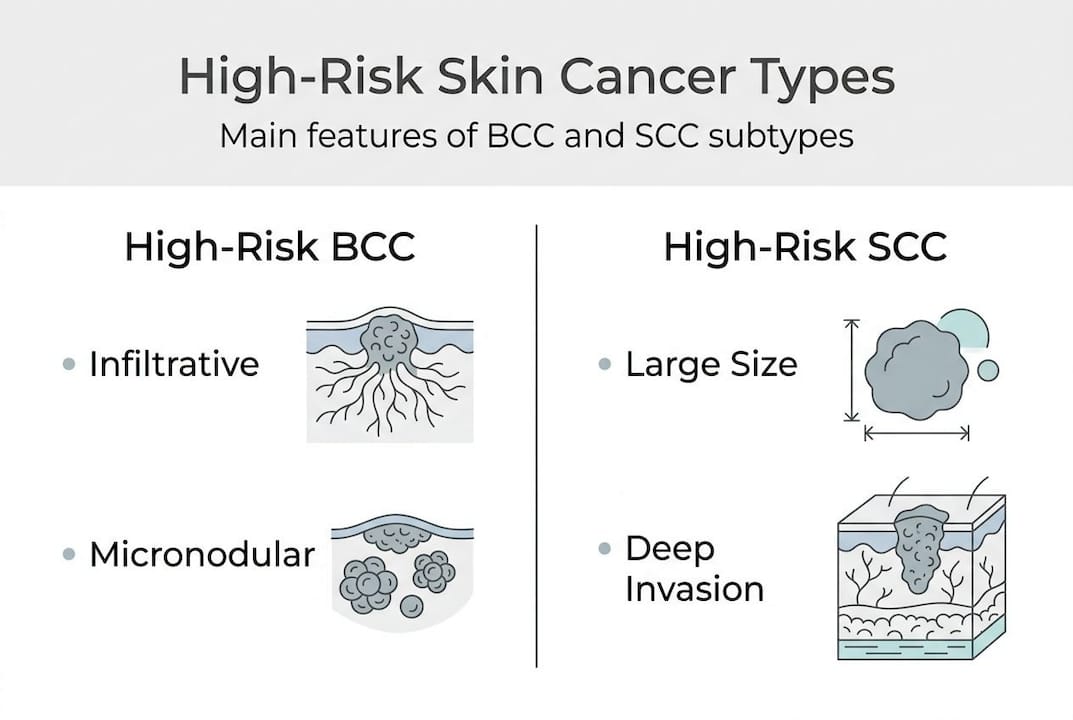 Infographic of BCC and SCC cancer types and features