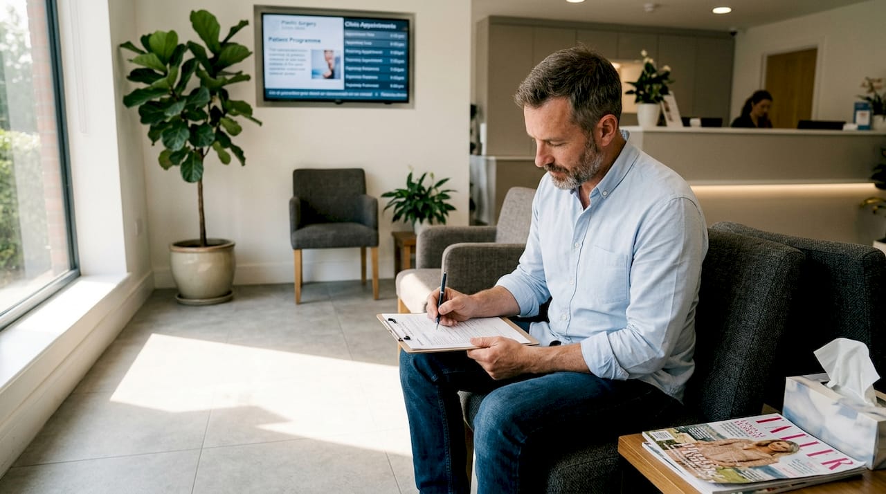 Patient completing consent form in clinic