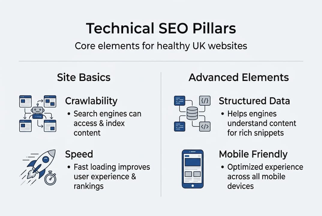 Infographic showing key pillars of technical SEO