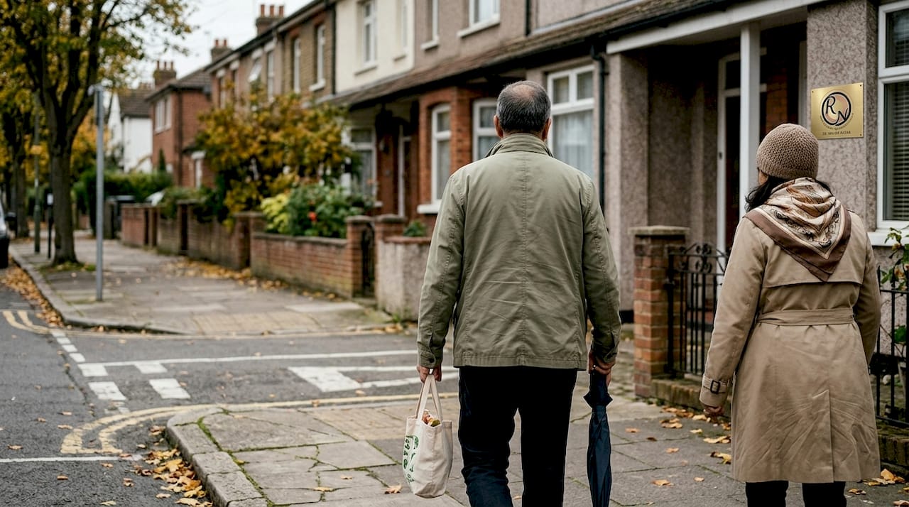 Friends walking home after appointment on sidewalk