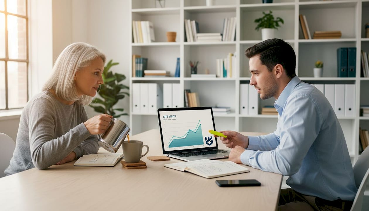 Coworkers reviewing site traffic graph together