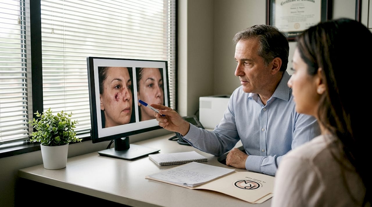 Surgeon and patient discuss facial reconstruction options