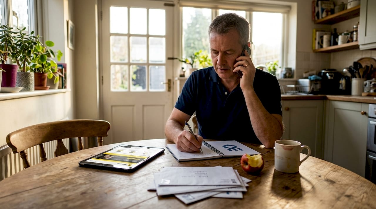 Man discussing business listings by phone