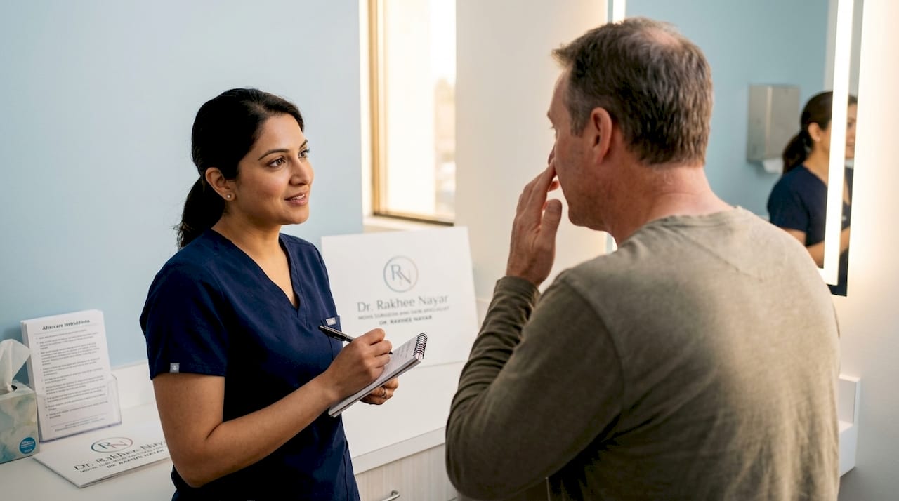 Patient examining facial reconstruction in mirror
