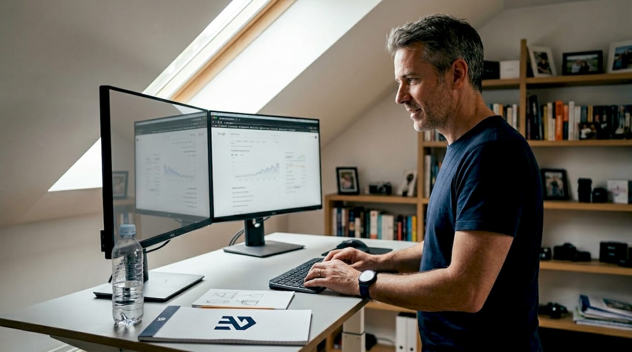 Freelance designer updating SEO settings at standing desk