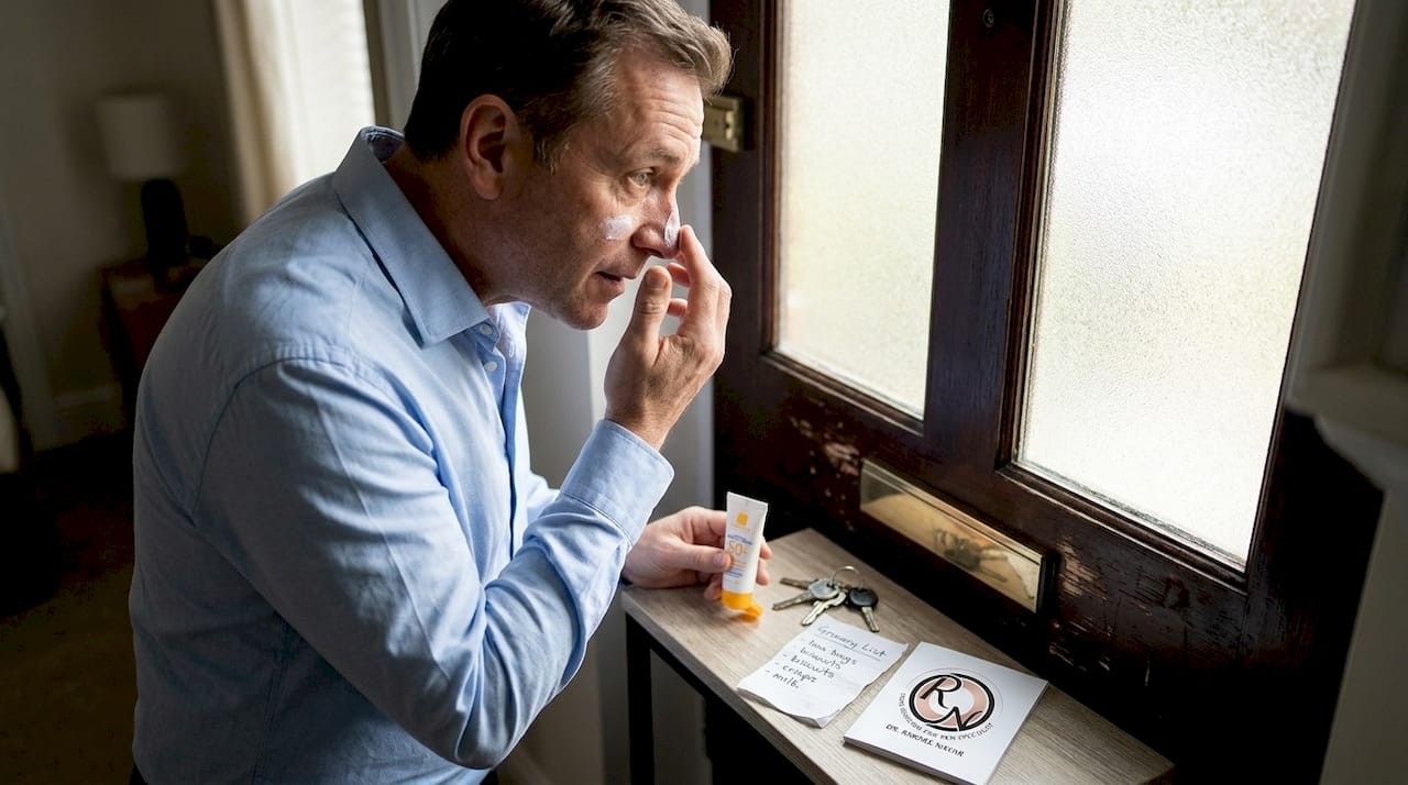 Man applying sunscreen before going outside