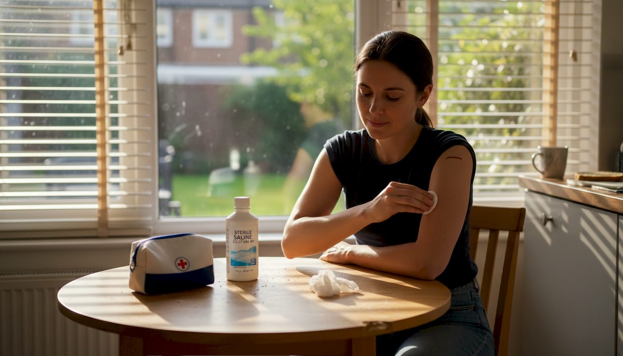 Woman applying aftercare to a healing wound on her arm, with sterile saline solution and first aid kit on a table, emphasizing the importance of proper wound care in plastic surgery recovery.