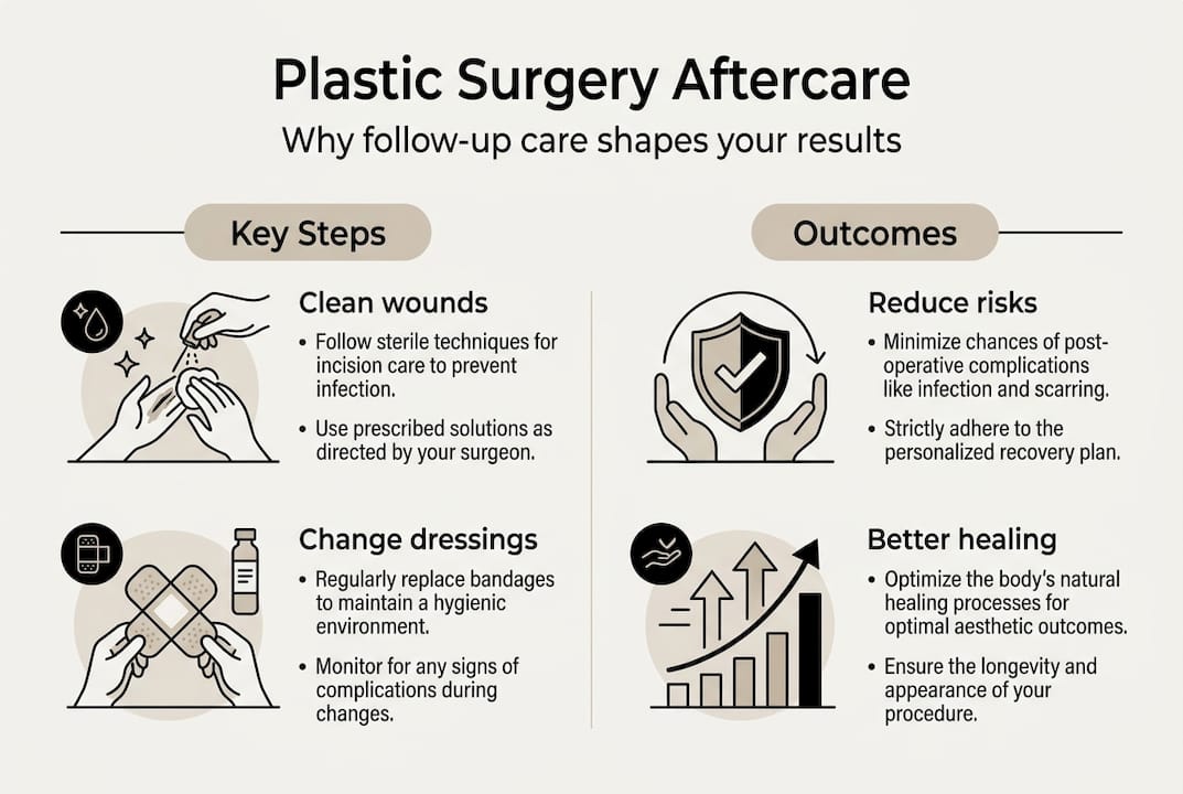 Infographic illustrating key aftercare steps for plastic surgery, including cleaning wounds, changing dressings, and their outcomes such as reducing risks and promoting better healing.