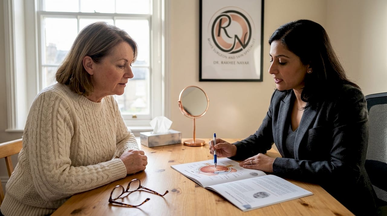Patient and doctor reviewing facial surgery diagrams