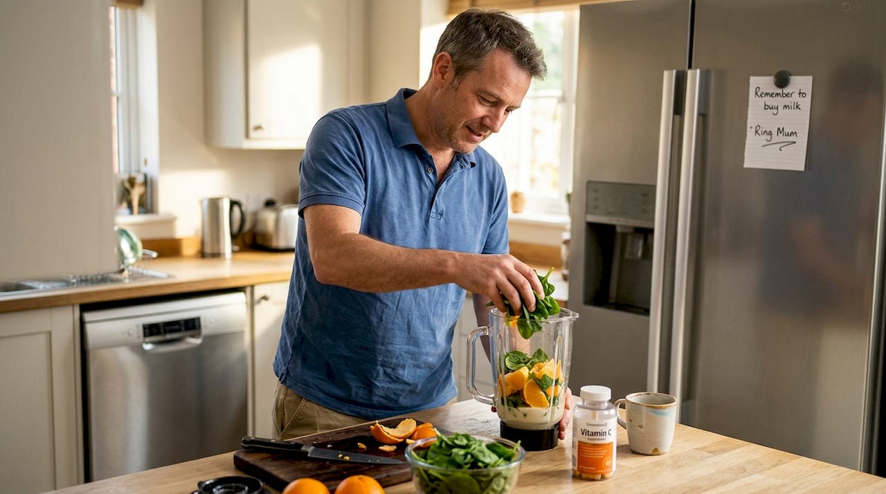Man preparing a vitamin-rich smoothie with spinach and oranges in a kitchen, emphasizing nutrition for healing and recovery.