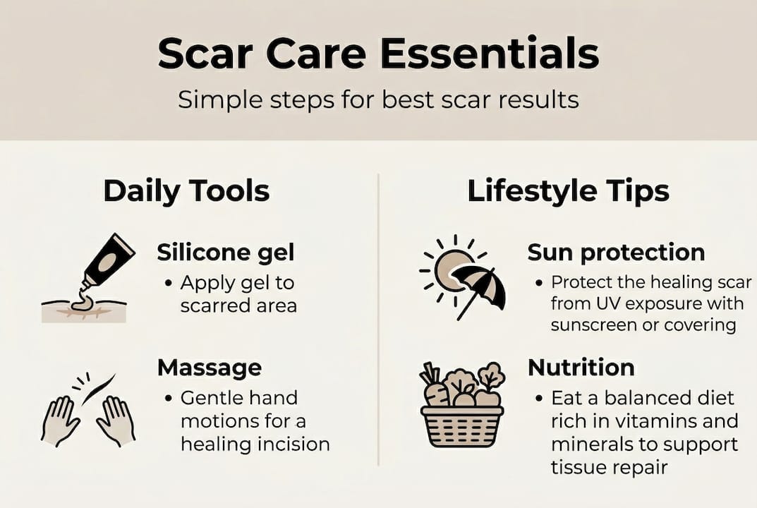 Scar care essentials infographic highlighting daily tools like silicone gel and massage techniques, alongside lifestyle tips for sun protection and nutrition to minimize scarring after surgery.