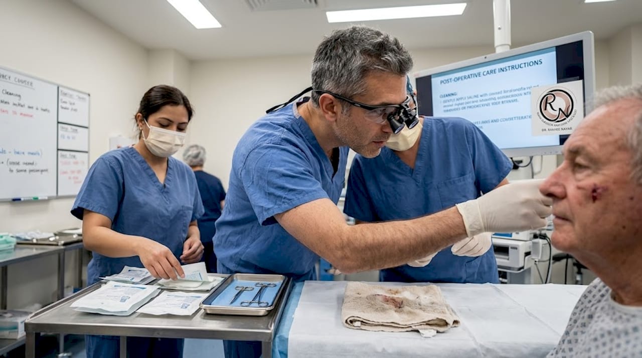 Surgeon and nurse planning facial reconstruction
