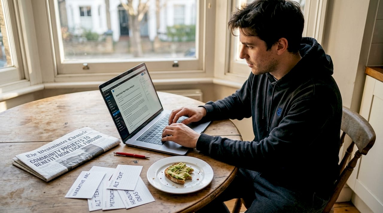 Person editing website content at kitchen table