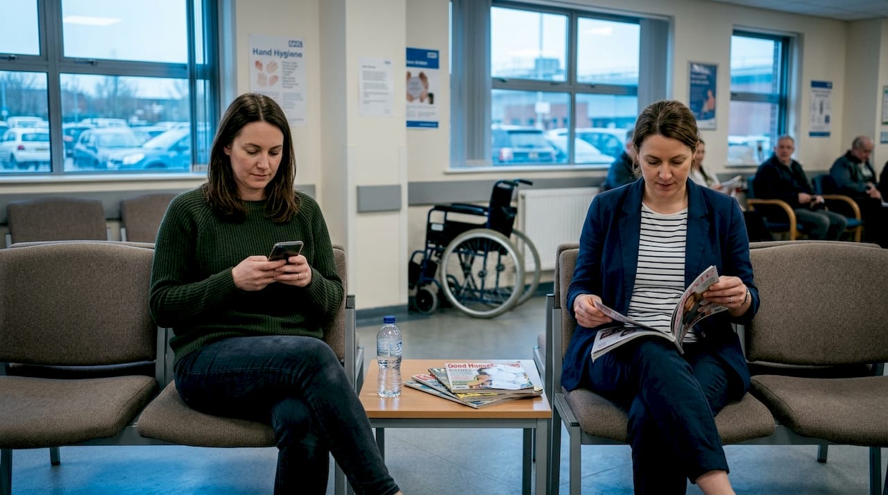 Women waiting in a hospital area, one using a smartphone and the other reading a magazine, highlighting the emotional preparation and support aspects before surgical procedures.