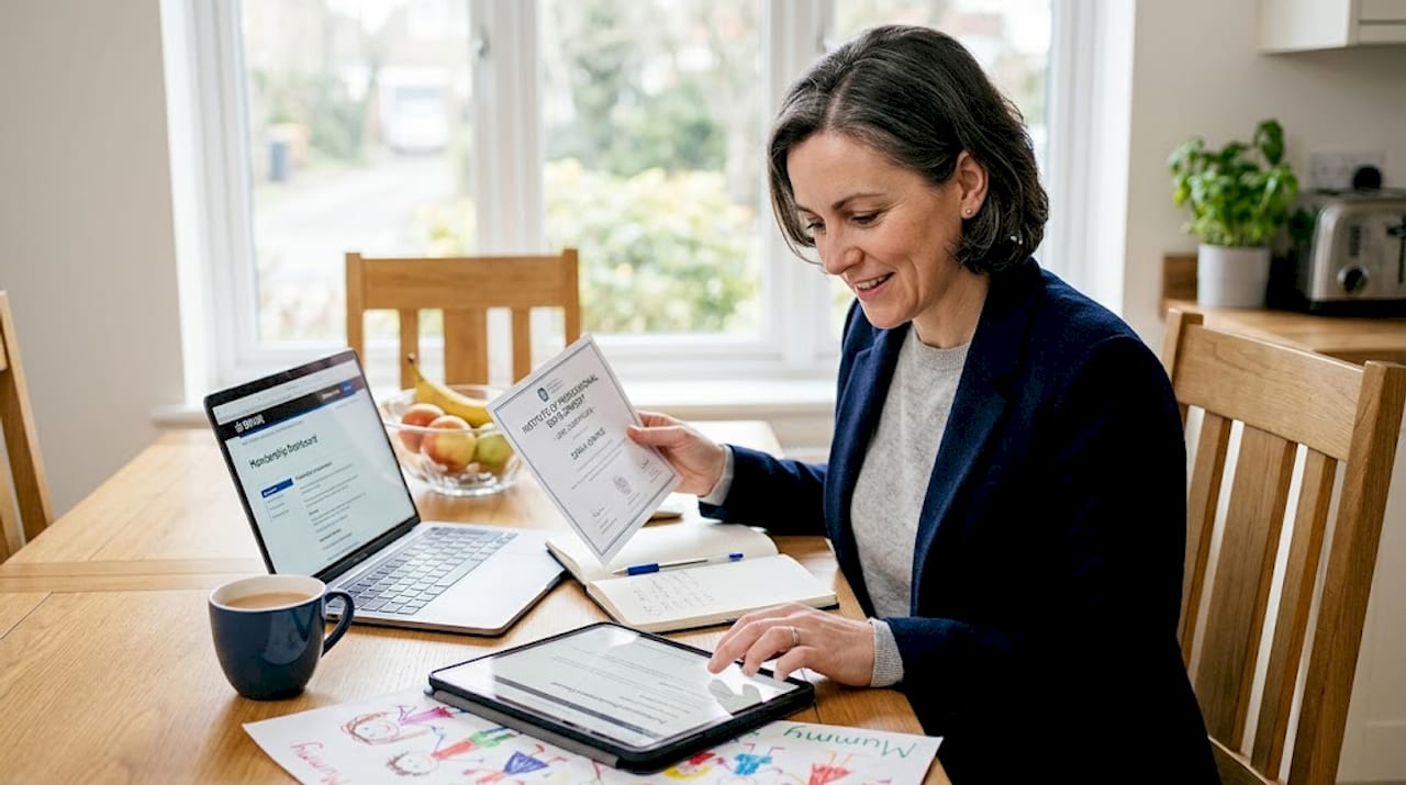 Woman reviewing surgeon credentials and qualifications at a kitchen table, with a laptop displaying membership dashboard, tablet with documents, and a cup of coffee, emphasizing the importance of checking credentials in cosmetic surgery.