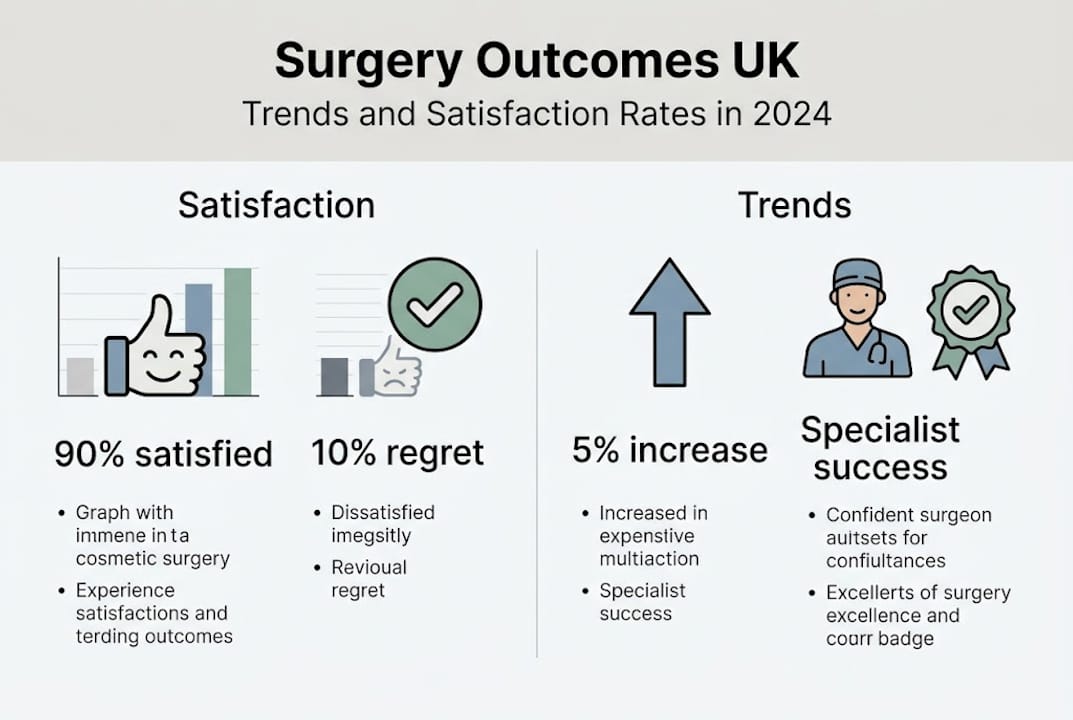 Infographic illustrating cosmetic surgery outcomes in the UK, highlighting 90% satisfaction rate, 10% regret, and a 5% increase in procedures, emphasizing the importance of specialist success and patient education.