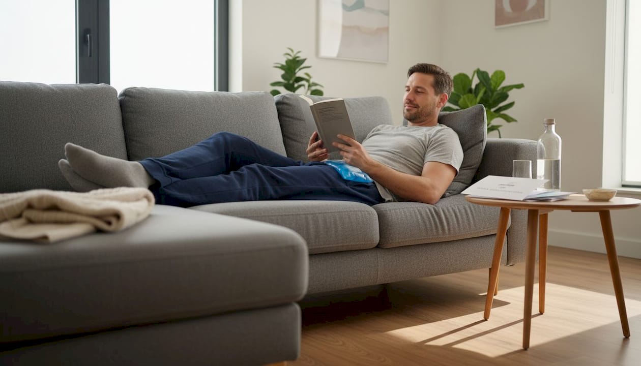 Man resting on a gray couch reading a book, with a cold pack on his lap, in a modern living room setting, emphasizing post-surgery recovery after fat transfer procedures.
