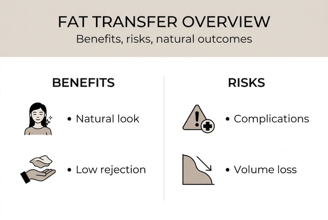 Infographic titled "Fat Transfer Overview" illustrating benefits and risks of fat transfer procedures, highlighting natural look and low rejection as benefits, and complications and volume loss as risks.