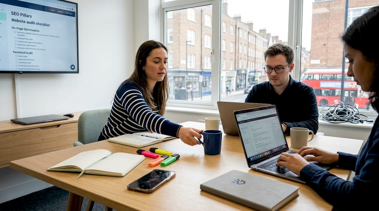 SEO specialists at open-plan agency table