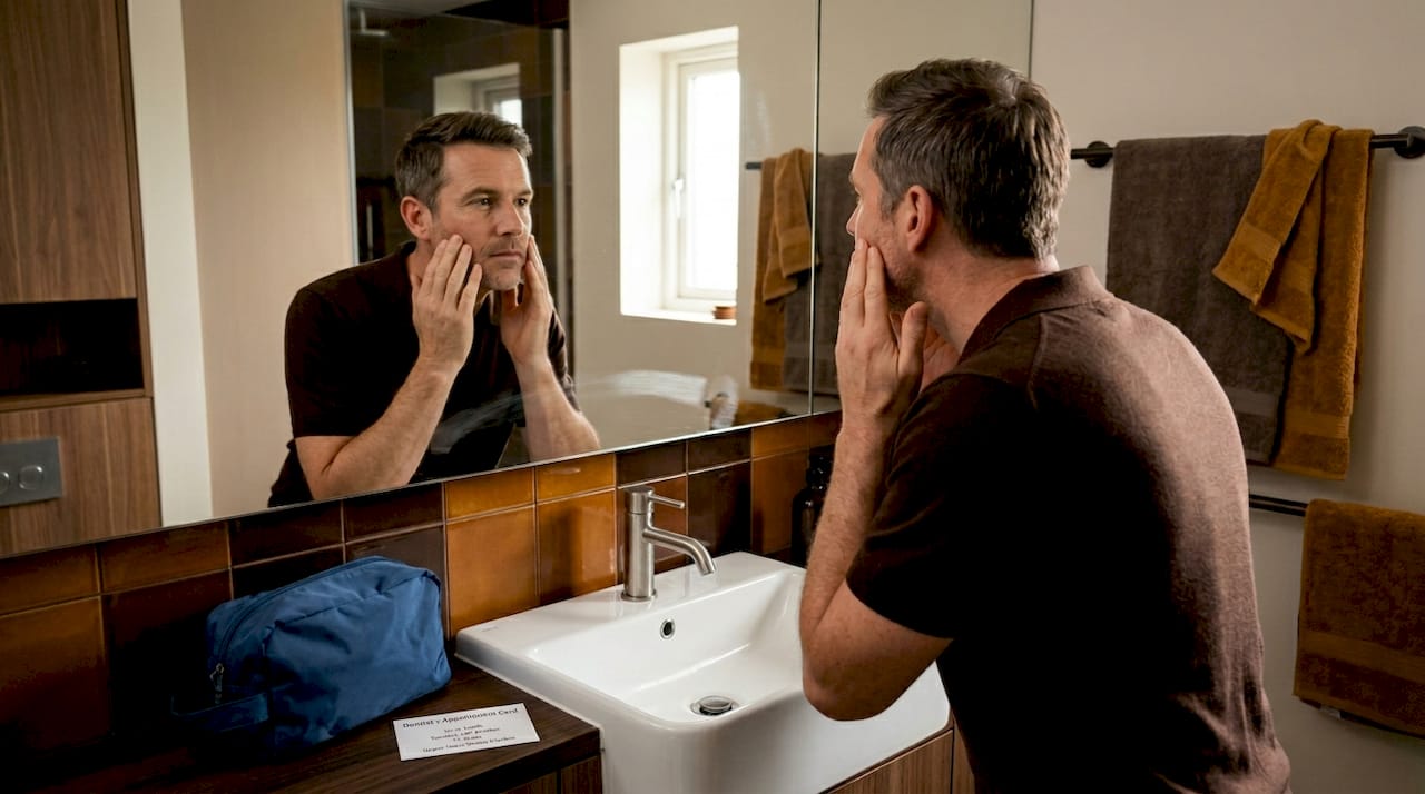 Man checking his appearance in a bathroom mirror, assessing skin texture and facial features, reflecting on non-surgical aesthetic treatments for natural results.