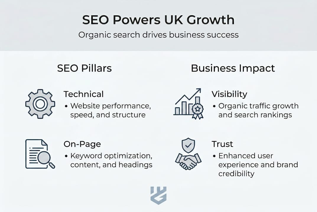 Infographic showing SEO pillars and impact