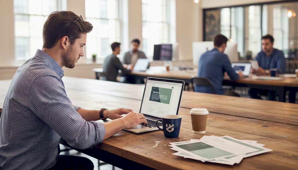 Worker editing website in coworking space