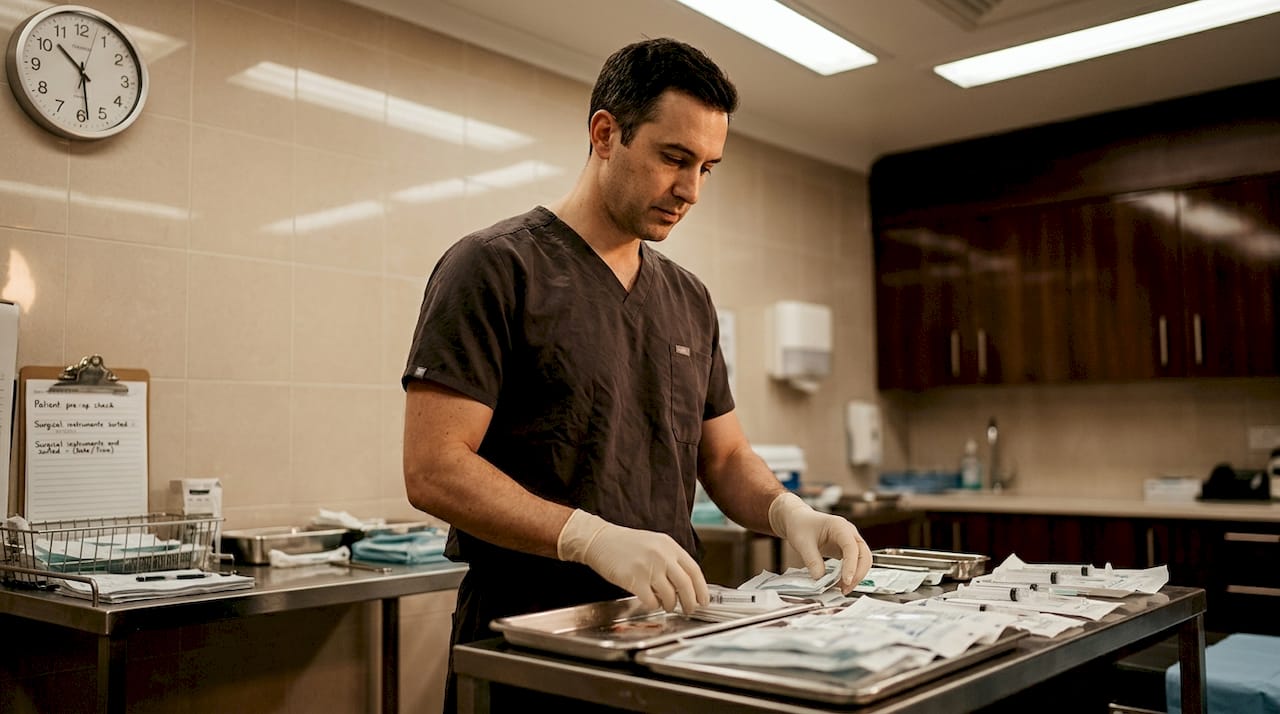 Surgeon preparing surgical instruments for rhinoplasty in a sterile medical environment.