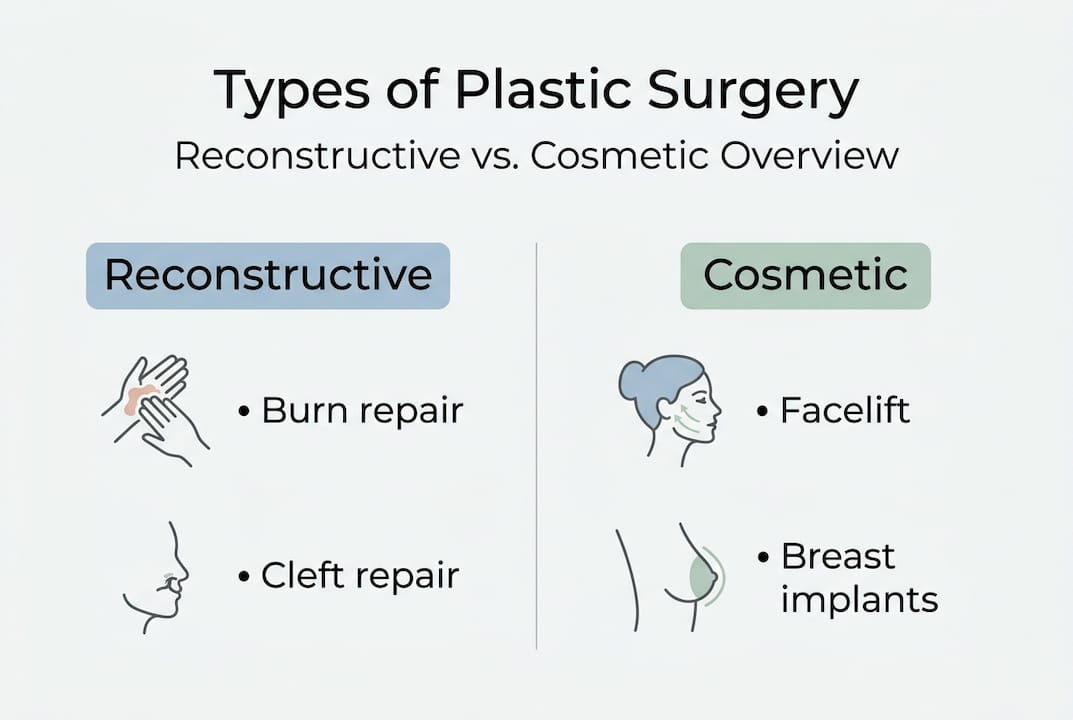 Infographic illustrating types of plastic surgery, highlighting reconstructive procedures like burn and cleft repairs, and cosmetic options such as facelifts and breast implants.