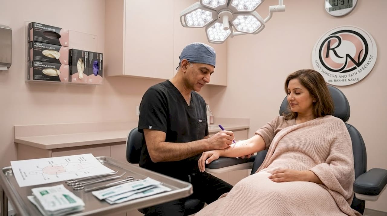 Surgeon mapping margin on patient&rsquo;s forearm