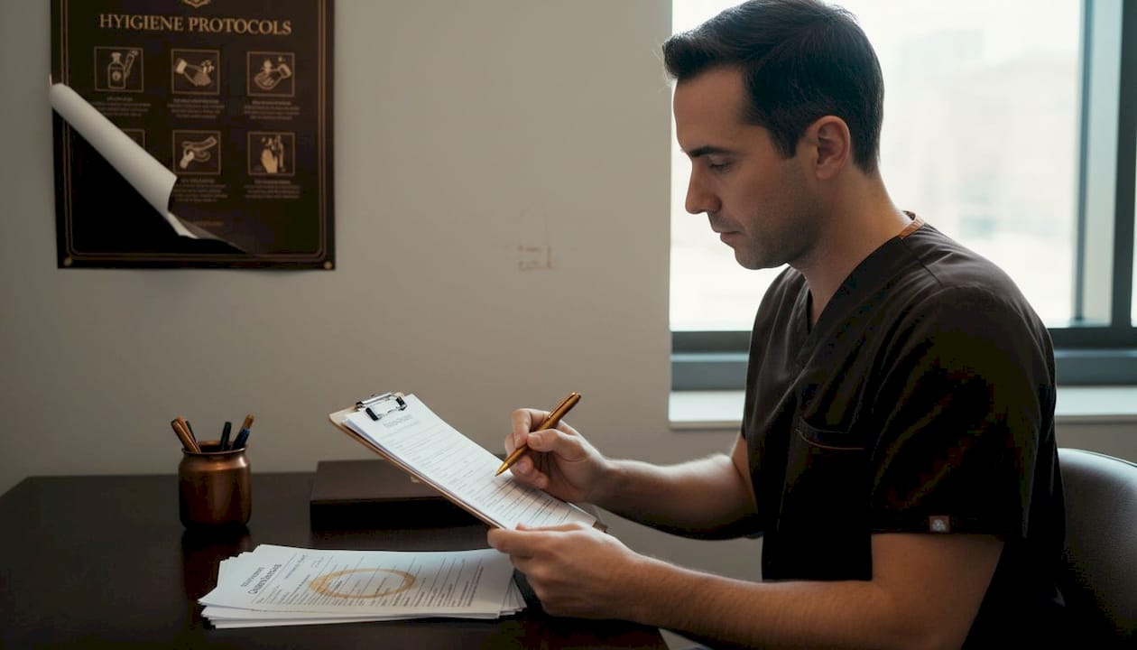 Medical professional reviewing consent forms and hygiene protocols in an aesthetic clinic setting, emphasizing patient safety and procedural documentation.